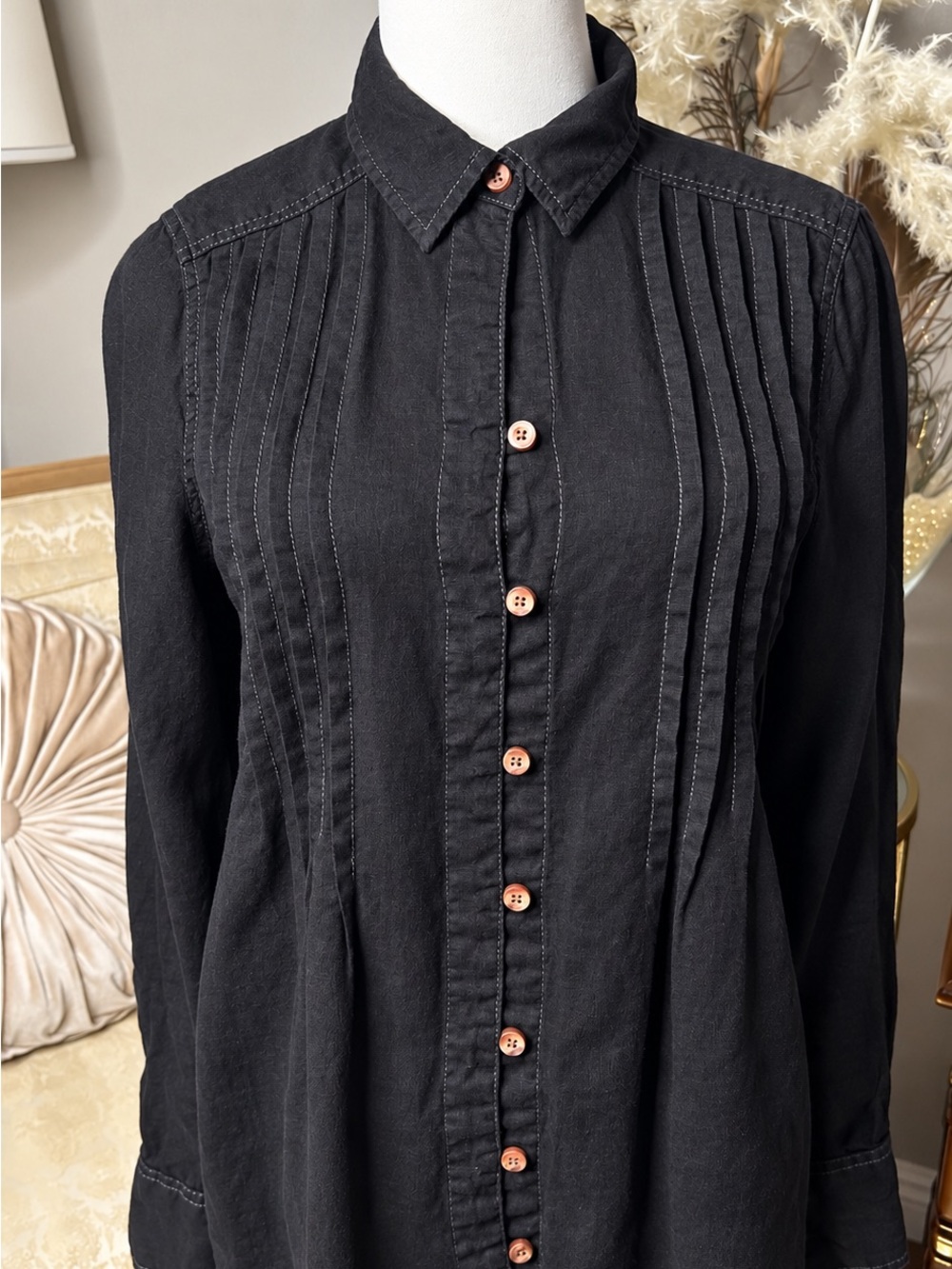 Free People Women's Black Button-Front Pintuck Shirt minimalist, boho, lagenlook